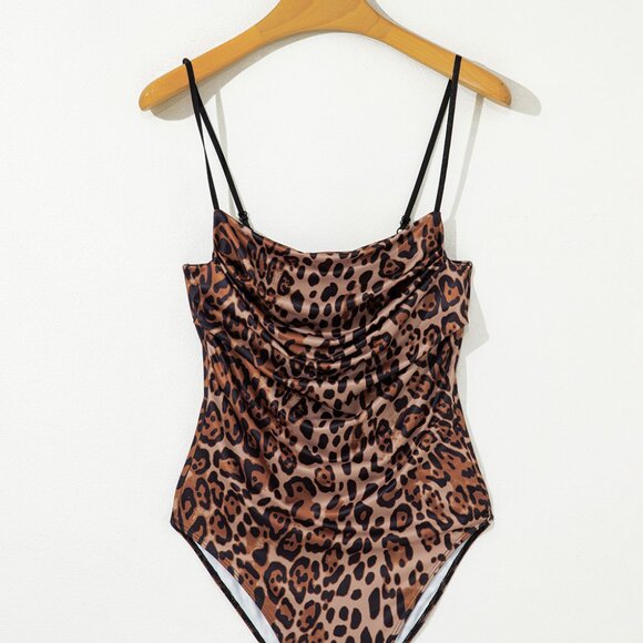 B252 Brown Spaghetti Straps Ruched Leopard Bodysuit - Picture 9 of 16